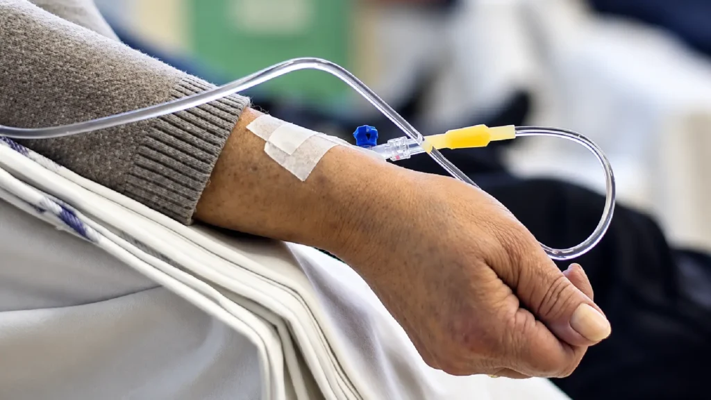 Acesso intravenoso no braço do paciente