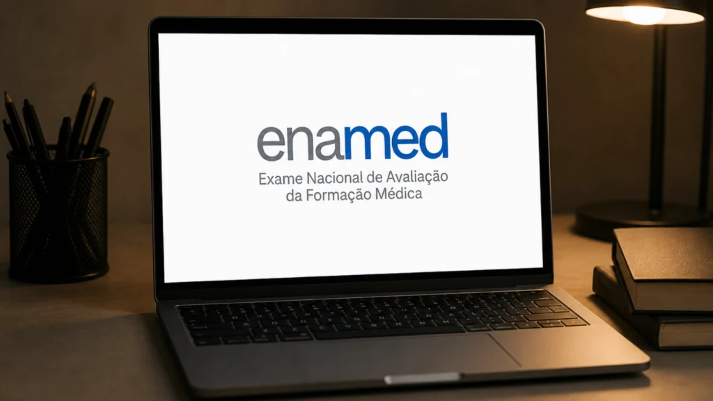 notebook com a logo do enamed na tela